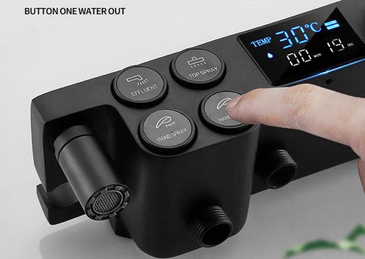 Complete Doucheset | ABS Douchesysteem | Mat Zwarte Hoofd- en Handdouche | Vierkante Regendouche voor Badkamer | Verstelbaar | Temperatuurweergave | 360° Draaibaar