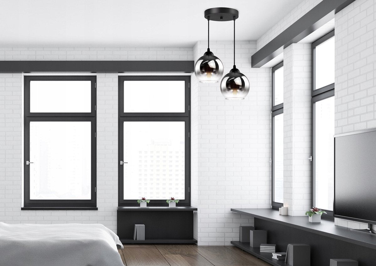 Industrial Hanging Lamp for Living Room, Dining Room - Smoking Glass - 2-Lights - Smoke Glass - 2 spheres - Smoked Glass