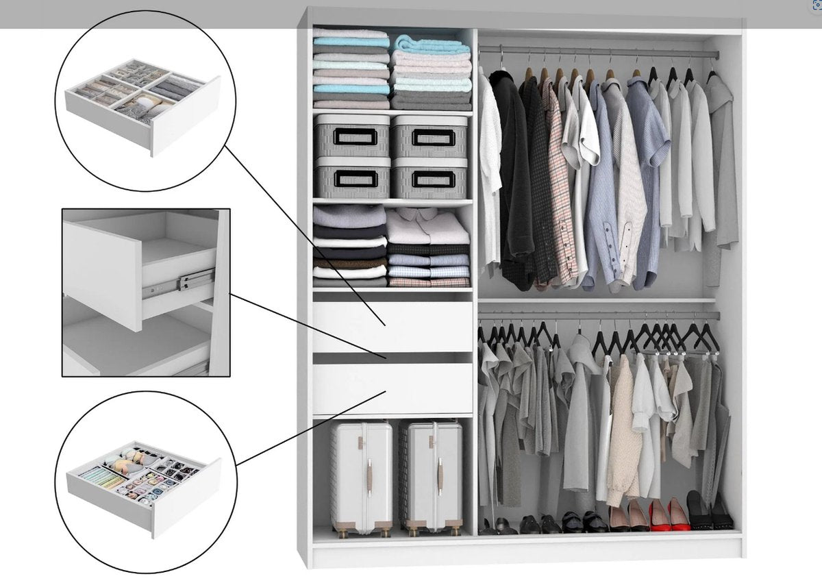 Wardrobe black 158 cm wide with mirror and 2 drawers