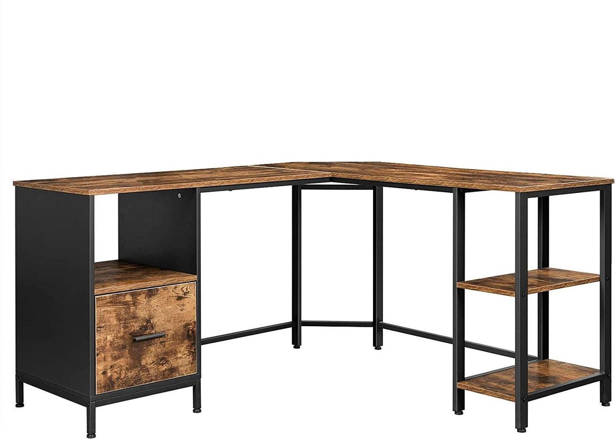 Hoekbureau - Computerbureau - Met Ladeblok - Houten Blad - Industriële Look - Bruin