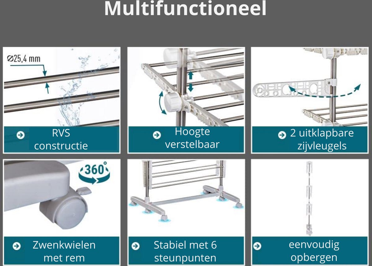 Droogrek - Wasrek - Wasdroogrek - Droogtoren - Uittrekbare waslijn - Verrijdbaar - Inklapbaar - 4 niveaus - H172 cm