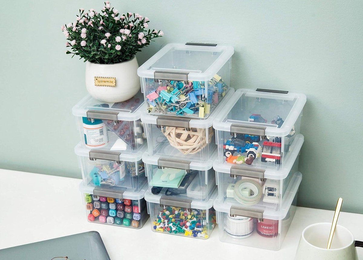 125 l Citylife Opbergdozen set voor kleine onderdelen - 10 stuks met deksel en handgreep - transparant - stapelbaar - elastisch en robuust plastic - Lego en knutselspullen. transparante doos