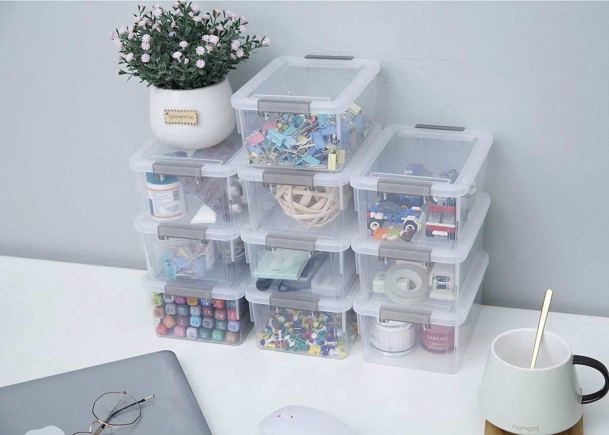 Set of 10 Storage Boxes 1.25 Litre - With Lid - Small - Stackable - Clear Handle - Clips - Small Parts - Crate - Elastic - Robust Plastic Boxes for Lego and Craft Supplies