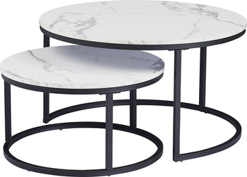 Moderne Salontafel - Set van 2 - Koffietafel - Bijzettafel - 2 Stuks - Ronde Salontafel - Wit - Marmer look - 80 en 60 cm