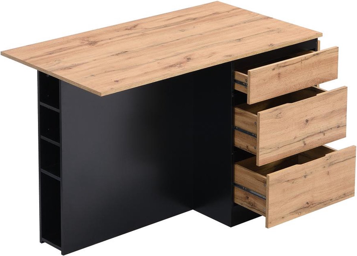 Vente-unique Centraal keukeneiland met 6 lades en 4 nissen van mdf - Licht naturel en zwart - POMARELA L 140 cm x H 91 cm x D 80 cm