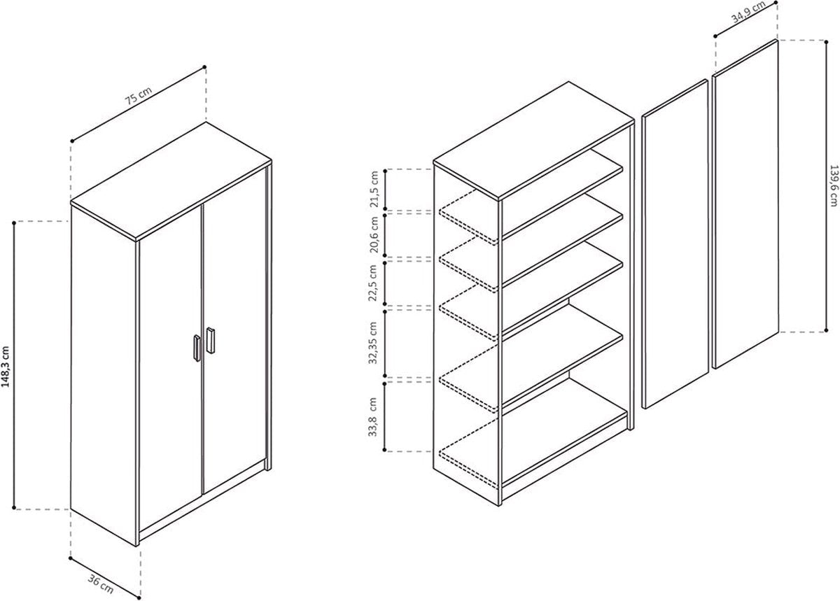 Tall closed cabinet Edwin Sonoma - Width 75 cm - Height 148 cm - Depth 36 cm - With shelves - With hinged doors