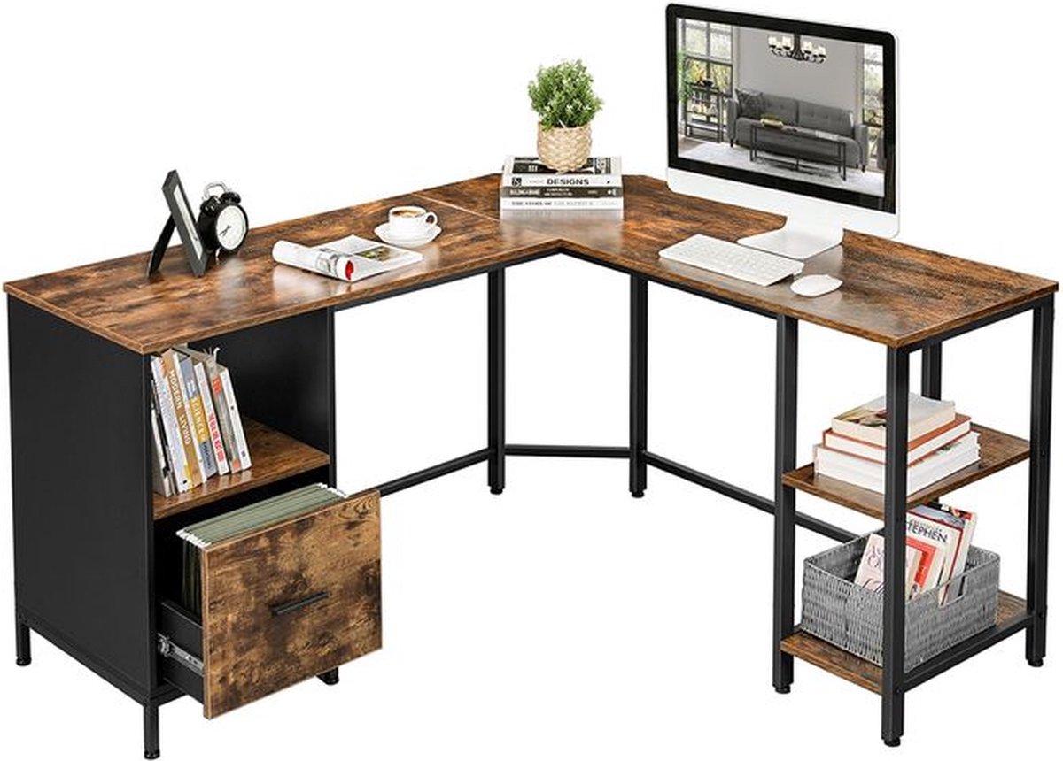 Hoekbureau - Computerbureau - Met Ladeblok - Houten Blad - Industriële Look - Bruin
