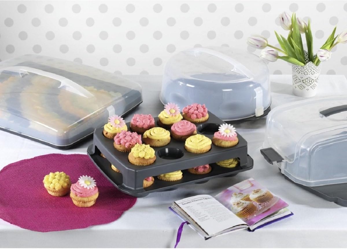 caketransportdoos rond met deksel (bakvorm Ø 28,5 cm, binnenhoogte 8 cm, cakedoos met verdeelhulp, stolp en serveervakken, party- en taartbutler) antraciet cakeschaal
