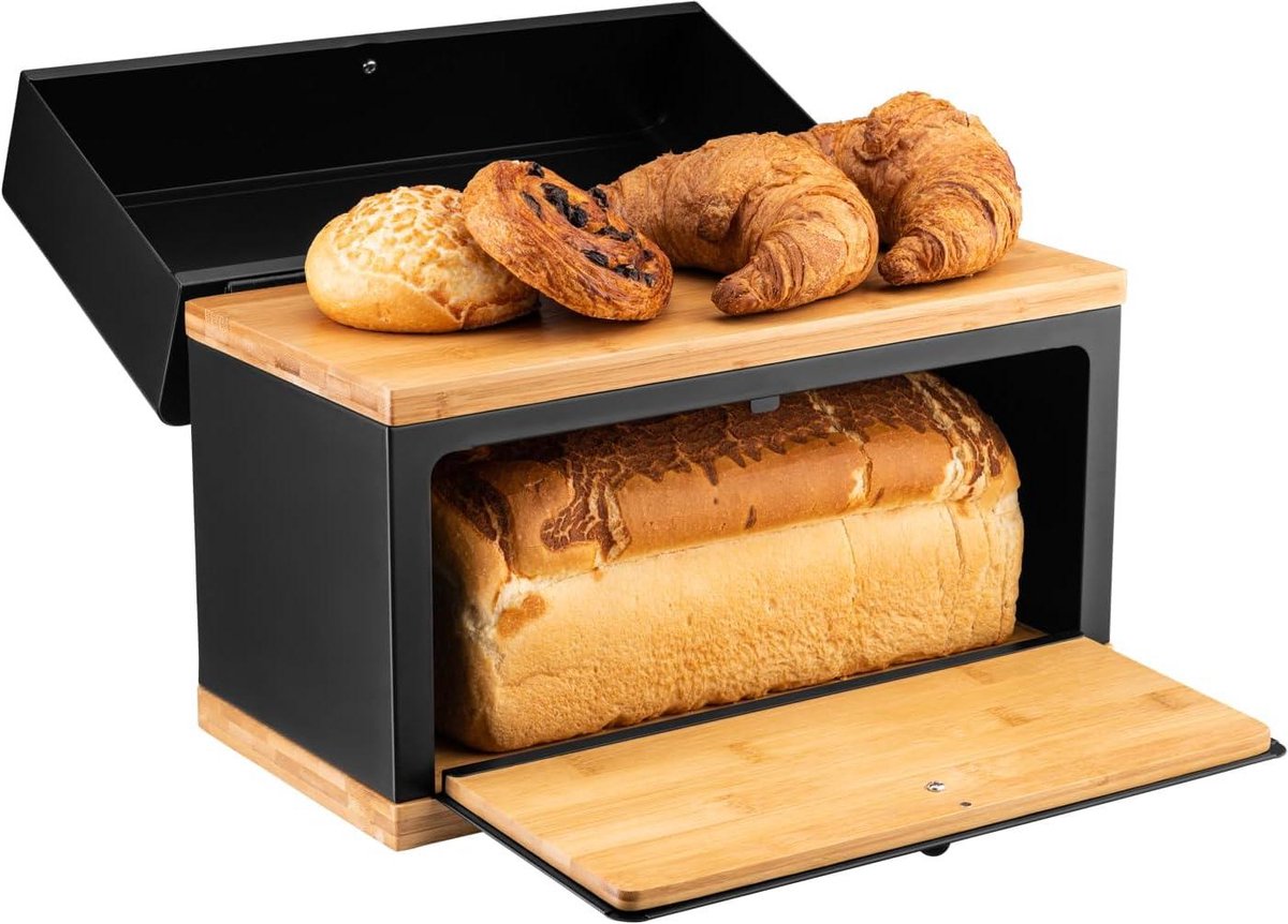 Design broodtrommel met twee vakken voor op het werkblad - bewaardoos voor vers brood van bamboe, 38 x 28 x 18 cm