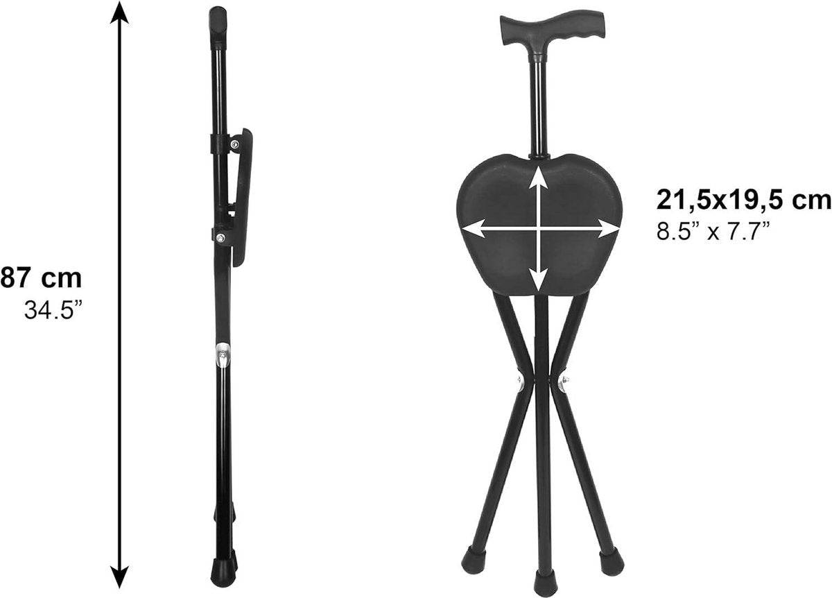 Walking Stick with Seat for Seniors - Height 89 cm Non-Adjustable - Foldable - Black Walking Stick