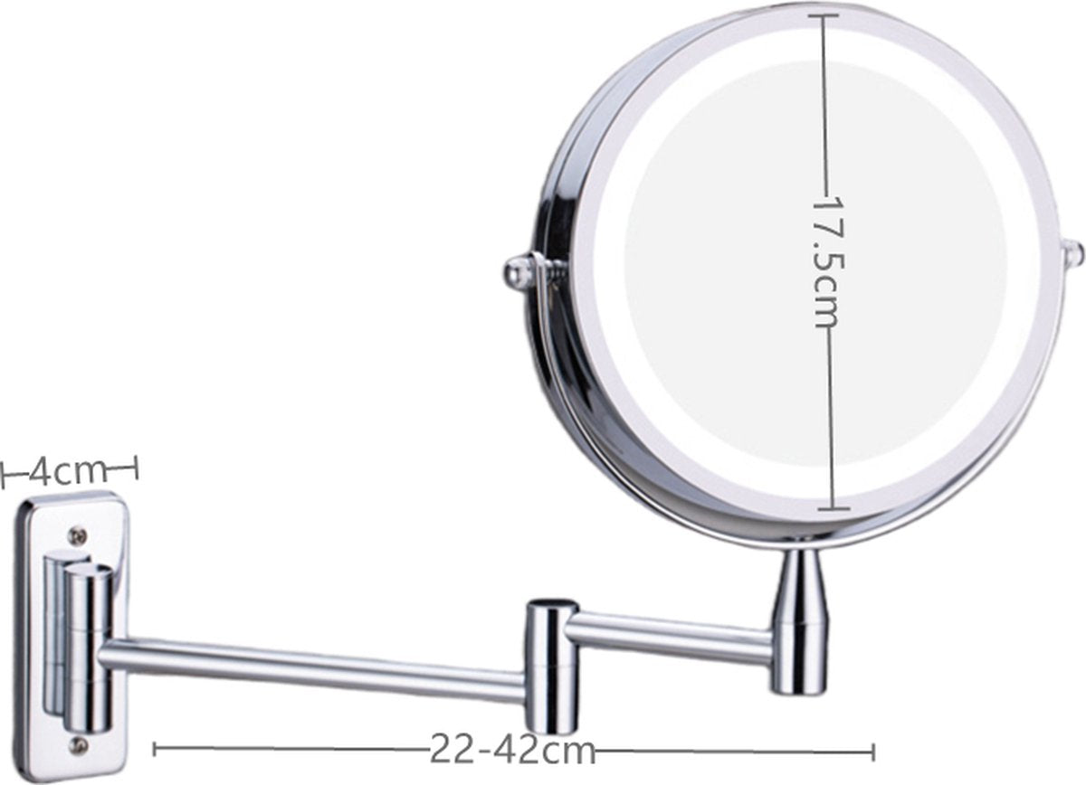 Make-upspiegel met LED-verlichting - Rond - Scheerspiegel - 3x vergroting - 15 cm - Chroom - Scheerspiegel - Opmaakspiegel - Batterij - Vergrotende spiegel - 360° Verstelbaar