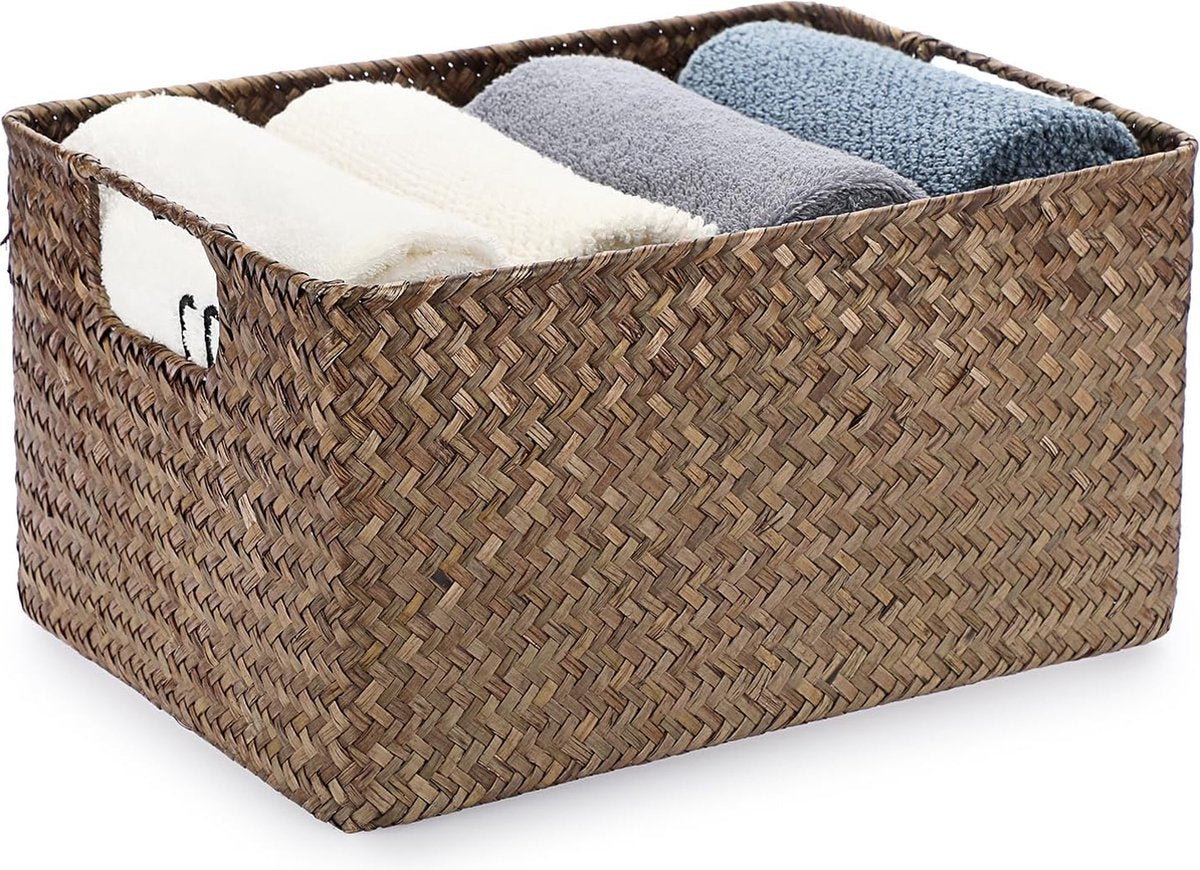 Zeegras opbergmand Open mand Woonkamer decoratieve mand Geweven rieten stoffen mand Bureaumand Rechthoekige badkamer opbergmand Box, Planken & Bureaus