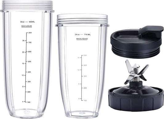 32oz/24oz Beker Geschikt voor blender voor Ninja, 1* 32 oz beker, 1* 24 oz beker, 1* bekerdeksel, 1* 7 Finnen Extractor-bladen Geschikt voor Nutri Ninja Auto iQ BN801 BL640-30 BL642-30 (4 stuks)