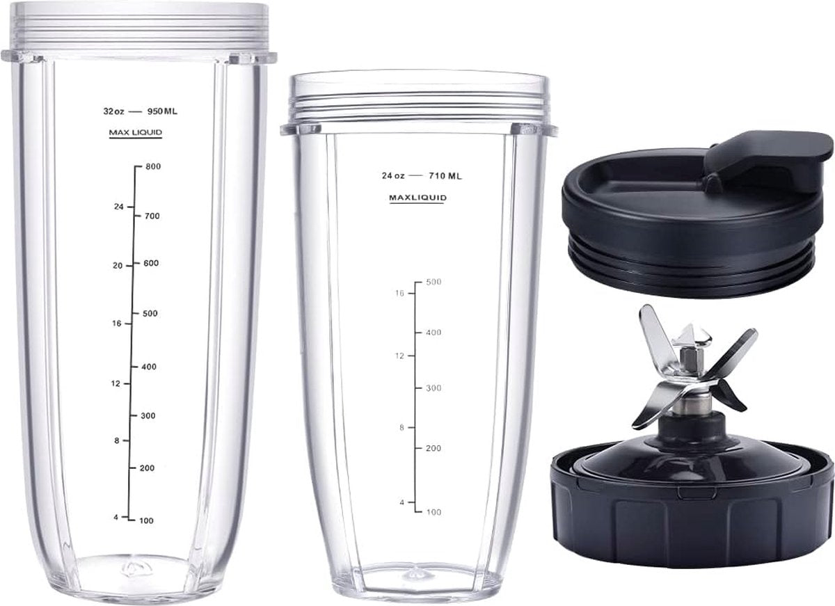 32oz/24oz Beker Geschikt voor blender voor Ninja, 1* 32 oz beker, 1* 24 oz beker, 1* bekerdeksel, 1* 7 Fin Extractor-mes Geschikt voor Nutri Ninja Auto iQ BN801 BL640-30 BL642-30 (4 stuks)