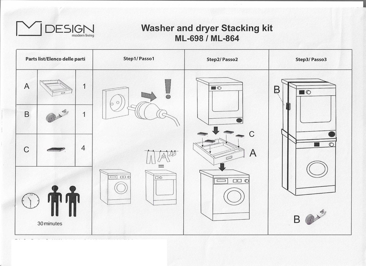 Universal Stacking Kit Washing Machine Dryer With Drawer Black 60.5x54x15 - Intermediate Piece Washing Machine Dryer For A Tidy Laundry Room