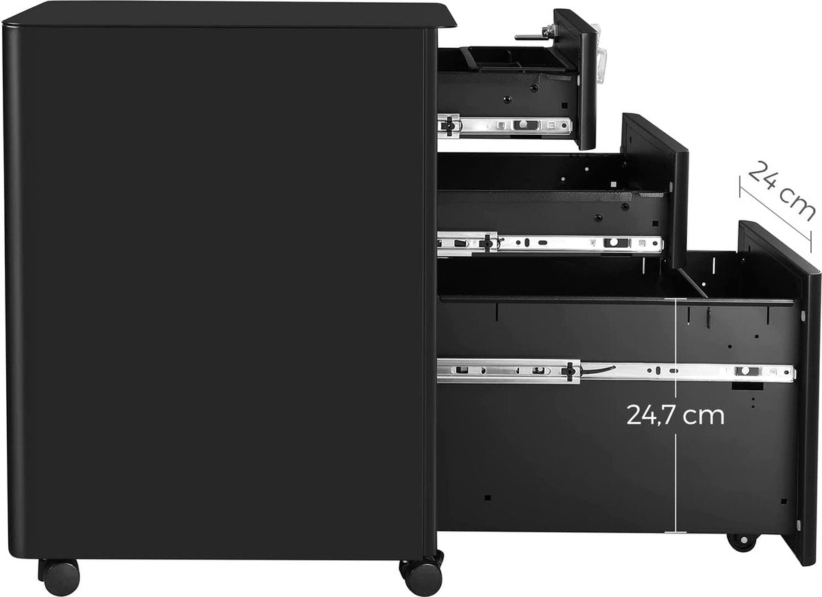 Filing Cabinet on Wheels - Archive Cabinet - Drawer Cabinet - with Lock - 3 Drawers - Black