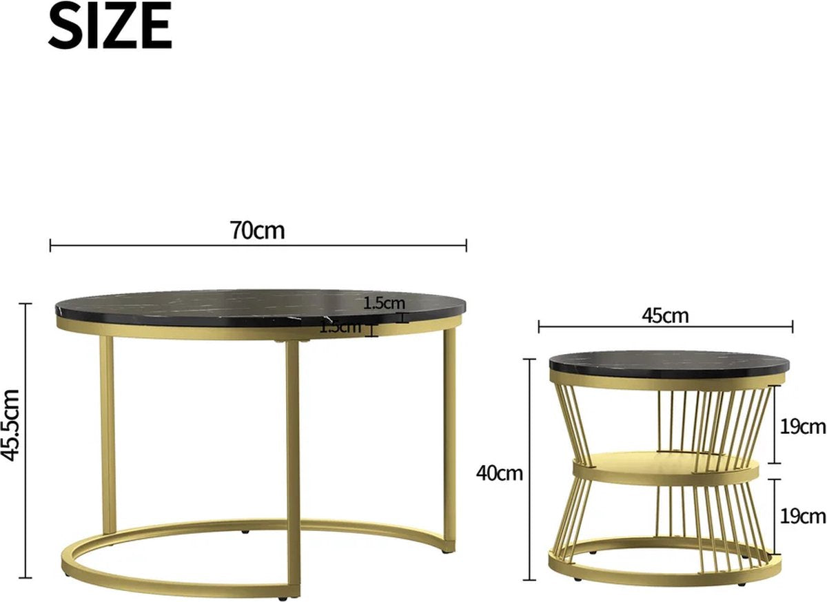 Modern Coffee Table - 70 and 45 cm - Coffee Table - Side Table - 2 Pieces - Round Coffee Table - Marble Look - Black - Gold
