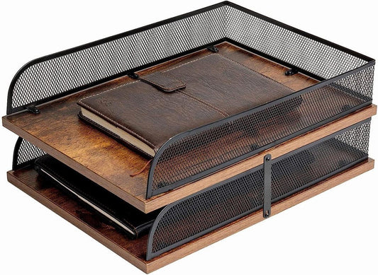 Vintage houten en metalen documentenbak bureau-organizer - papieren lade - kantoorbestandsorganizer - zwarte bureau-organizer