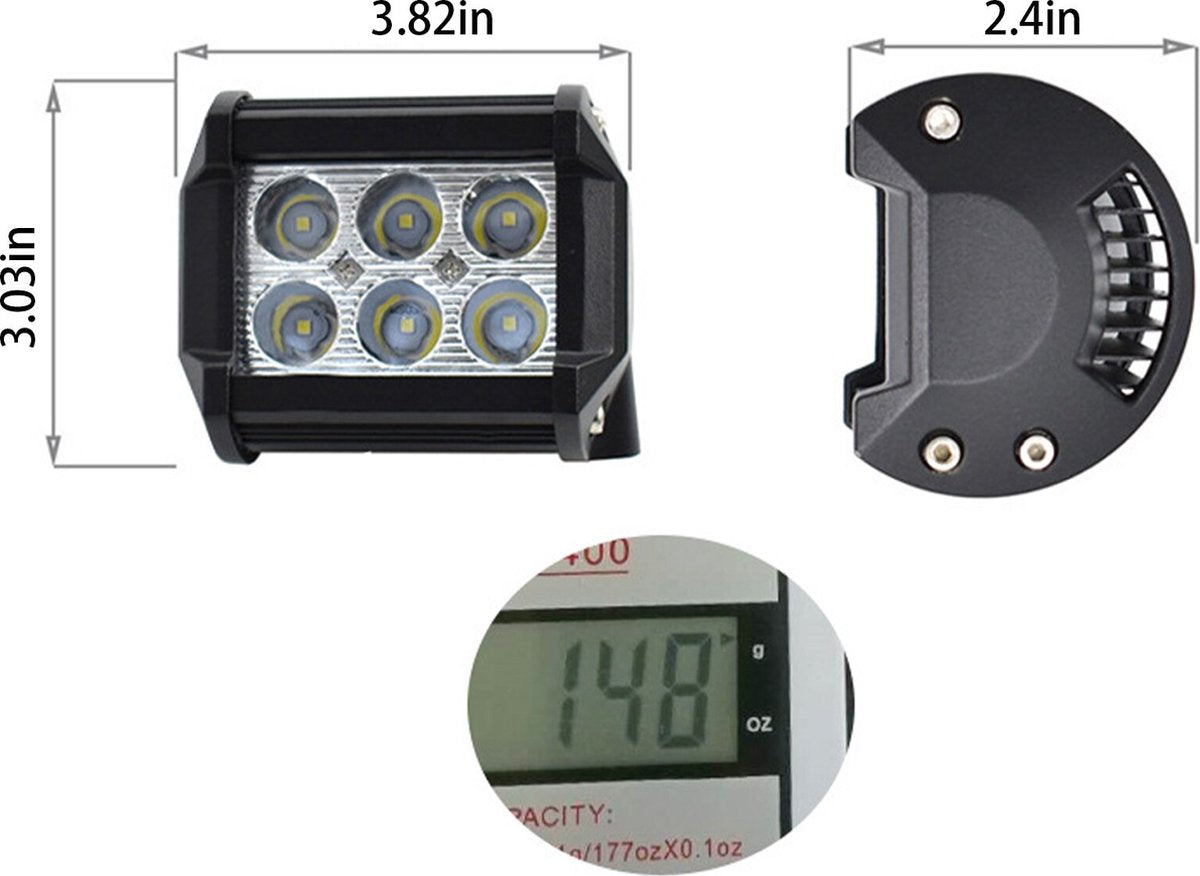 (2 Stuks) 18 Watt 12V LED-lamp voor offroadverlichting Verstraler werklamp IP67 | 6000K | SUV | ATV | Boot | Bus |