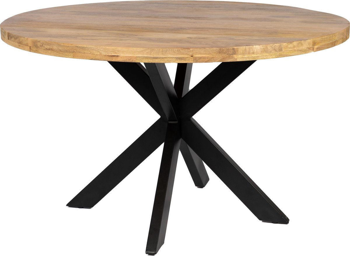 Eettafel Thom - 100cm rond - bruin - massief hout - metalen kruispoot