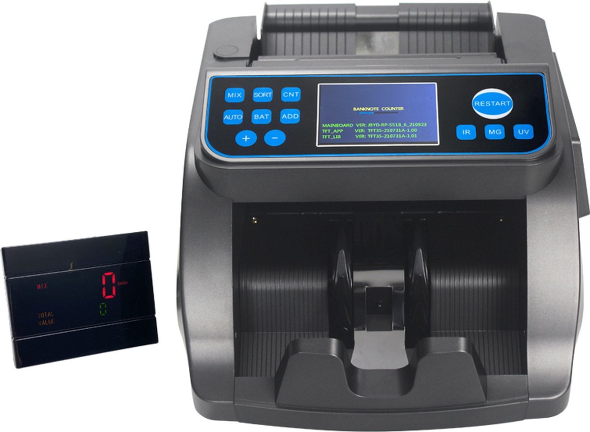 Money Counting Machine & Banknote Counter - 5-fold Counterfeit Detection - 1000 bills/minute - 5-fold counterfeit detection - Add & batch function - Carrying handle - Alarm - Incl. Free Storage and Dust Cover and Counterfeit Money Pen