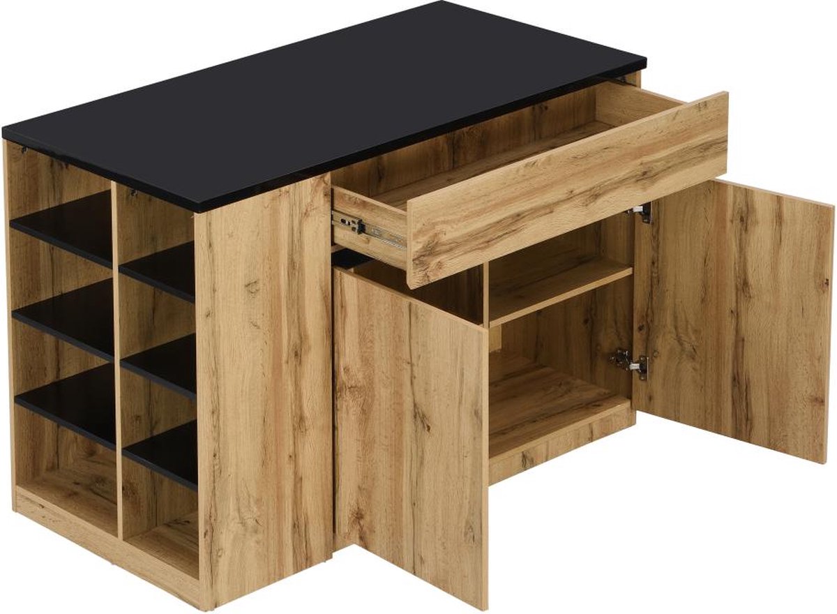 Vente-unique Keukeneiland met opbergruimte - Zwart en naturel - MEILI B 130 cm x H 90 cm x D 65 cm