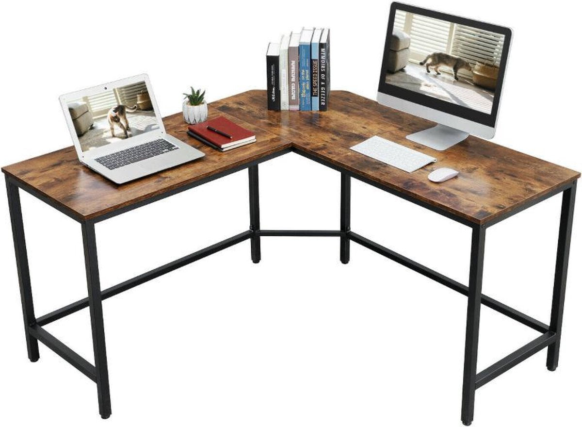 Mazazu Computerbureau - Bureau - Hoekbureau - Laptoptafel - Vintage - Hout/Metaal - Bruin/zwart - 149x50x75