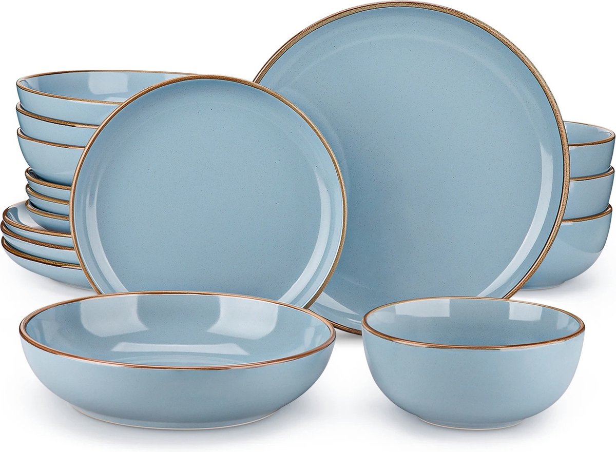 Dinnerware set - Dinnerware sets - Dinnerware set 8 person - Ocean Blue With Brown Rim - Porcelain - 32-Piece Dinnerware - Dinner plate - Dessert plate - Bowl - Soup bowl