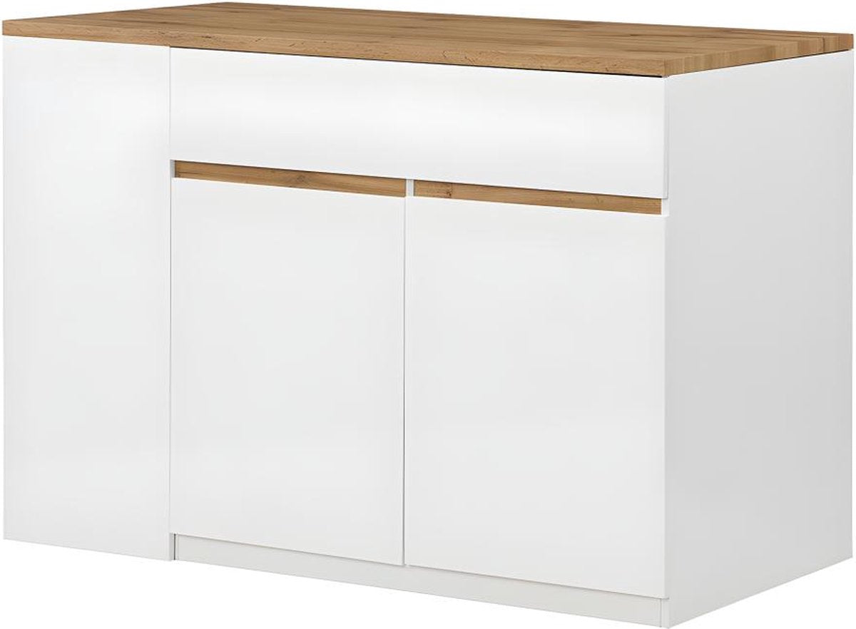 Vente-unique Keukeneiland met opbergruimte MEILI - Wit en eiken B 130 cm x H 90 cm x D 65 cm