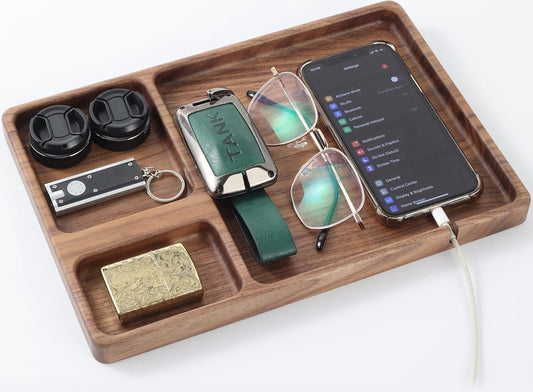 Houten Opbergbakje - Nachtkast Organizer, Valet Tray voor Mannen, Walnoot Opbergbakje voor Sleutels, Mobiele Telefoon, Sieraden, Horloge, Accessoires - Cadeau voor Hem, Cadeau voor Papa