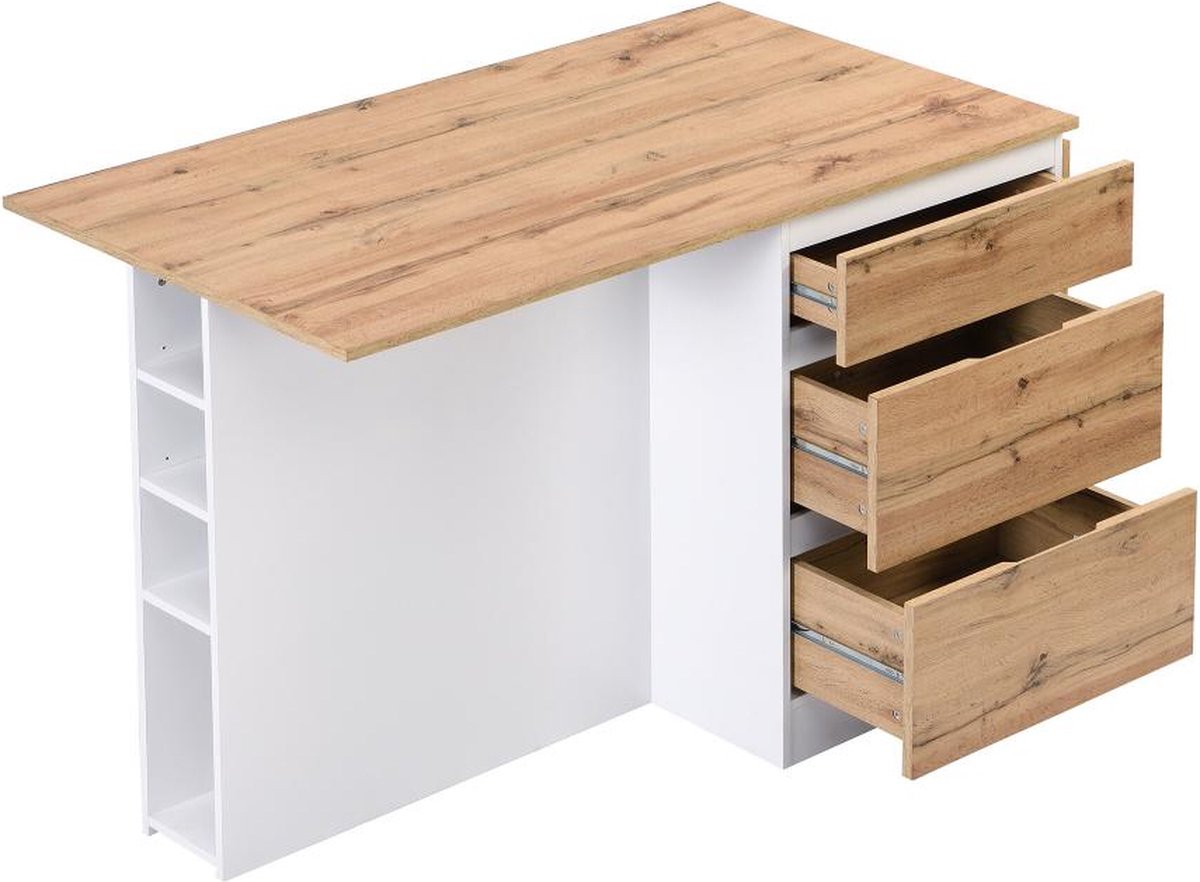 Vente-unique Centraal keukeneiland met 6 lades en 4 nissen van mdf - Licht naturel en wit - POMARELA L 140 cm x H 91 cm x D 80 cm