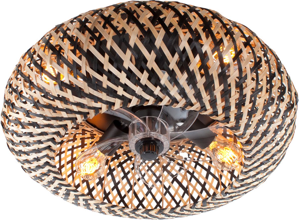 Ceiling fan with light - Rattan natural / black Ø 50 cm