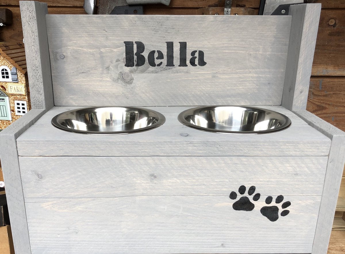 Dog food bowl scaffolding wood with NAME DOG (medium)