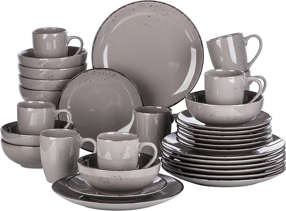 Serviesset - Serviessets - Serviesset 8-persoons - Grijs Effen - Porselein - 32-Delig Servies - Dinerbord - Dessertbord - Kom - Mok