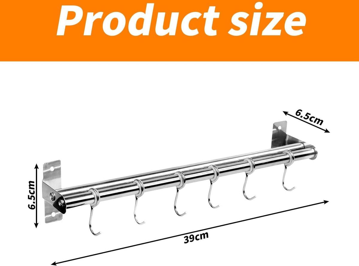 Roestvrijstalen Keukenhaken | Dubbele Stang Ophangrail | 6 Haken | Keukengerei Houder 40 cm - Zonder Boren keukenstang