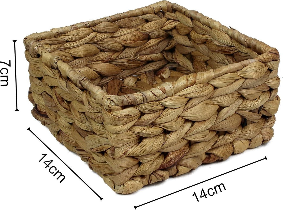 Square Water Hyacinth Small Baskets for Storage - Natural Color Woven Basket Open Shelves - Decorative Gift Box - Small Bathroom Mini Drawer Makeup Bathroom - Kitchen Organizer - Small 14cm 3 x Basket - HTML content needed