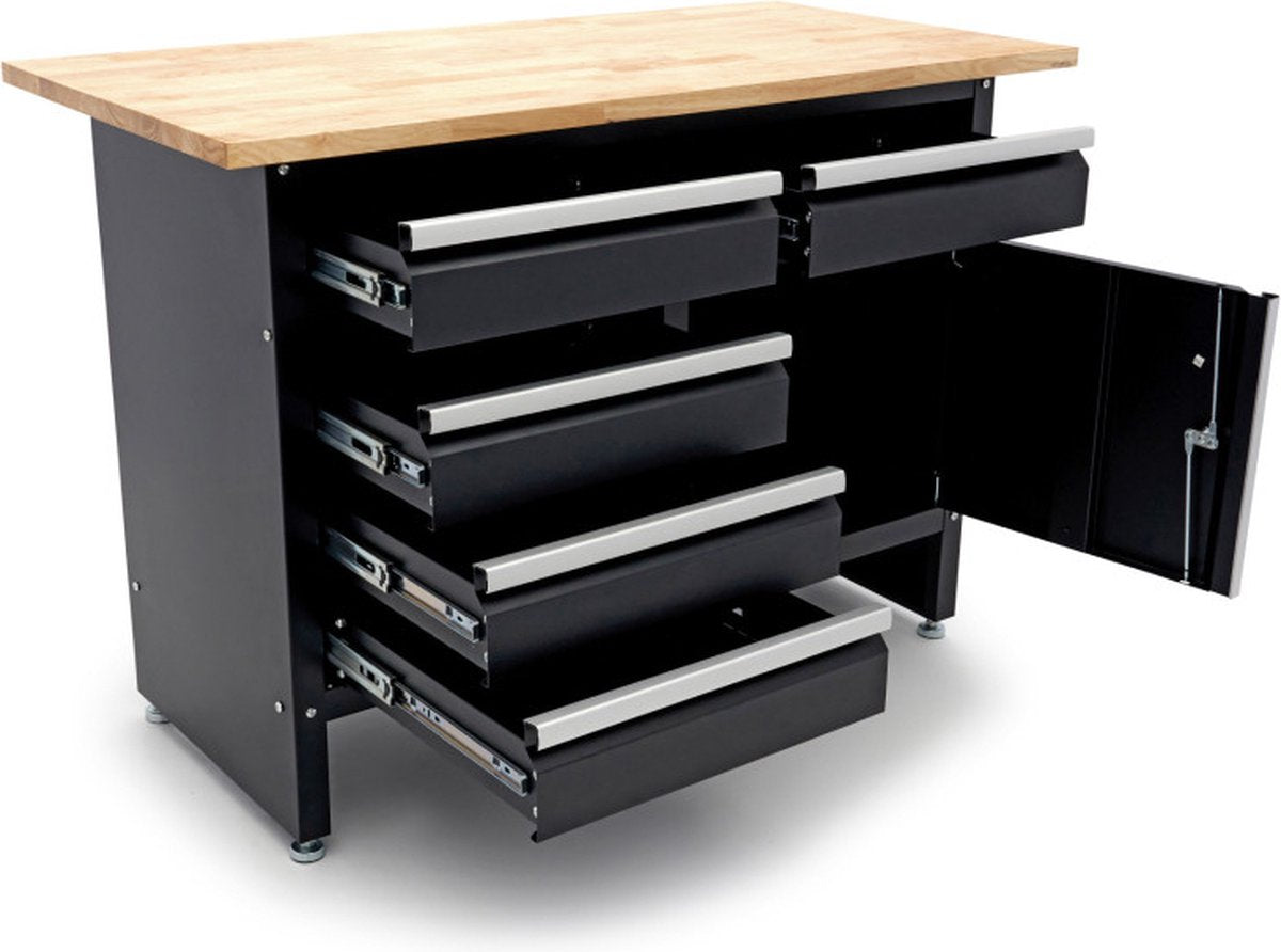 120 cm Werkbank met 5 laden, 1 deur en massief houten werkblad