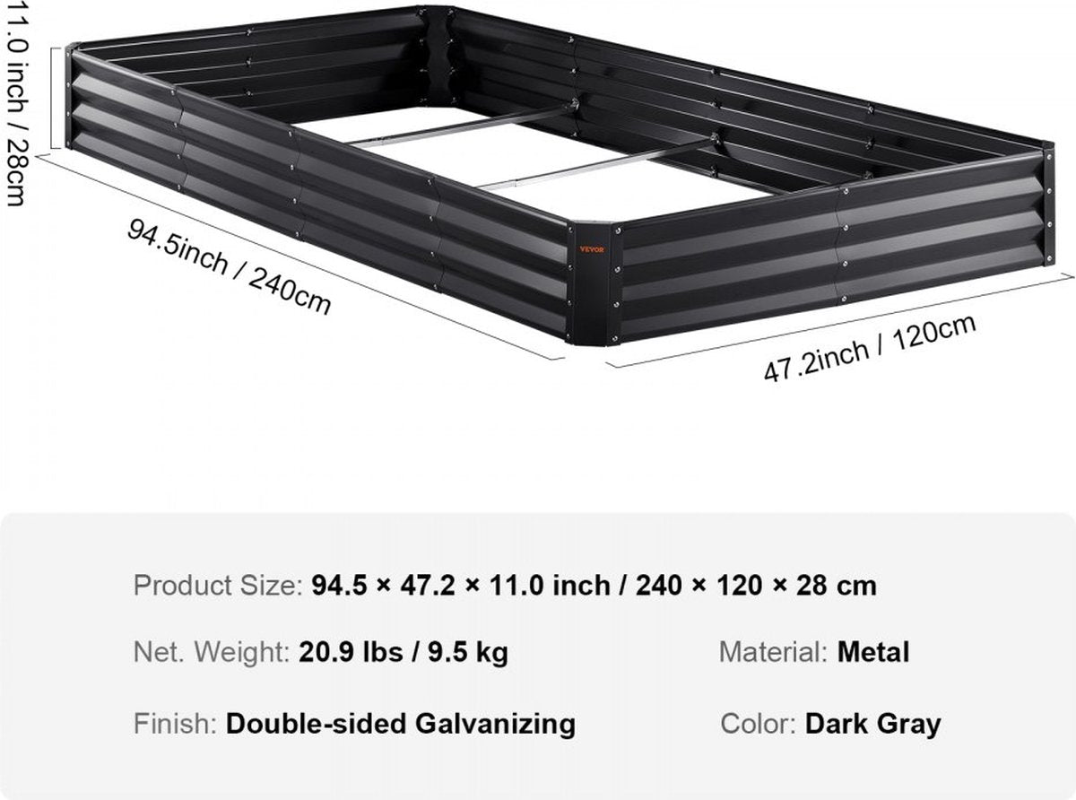 Verhoogde bloembak plantenbak tuin plantenbak terras moestuin tuinbed plantenbak donkergrijs 240x120x30cm gegalvaniseerd metaal ideaal voor het kweken van groenten fruit kruiden etc.