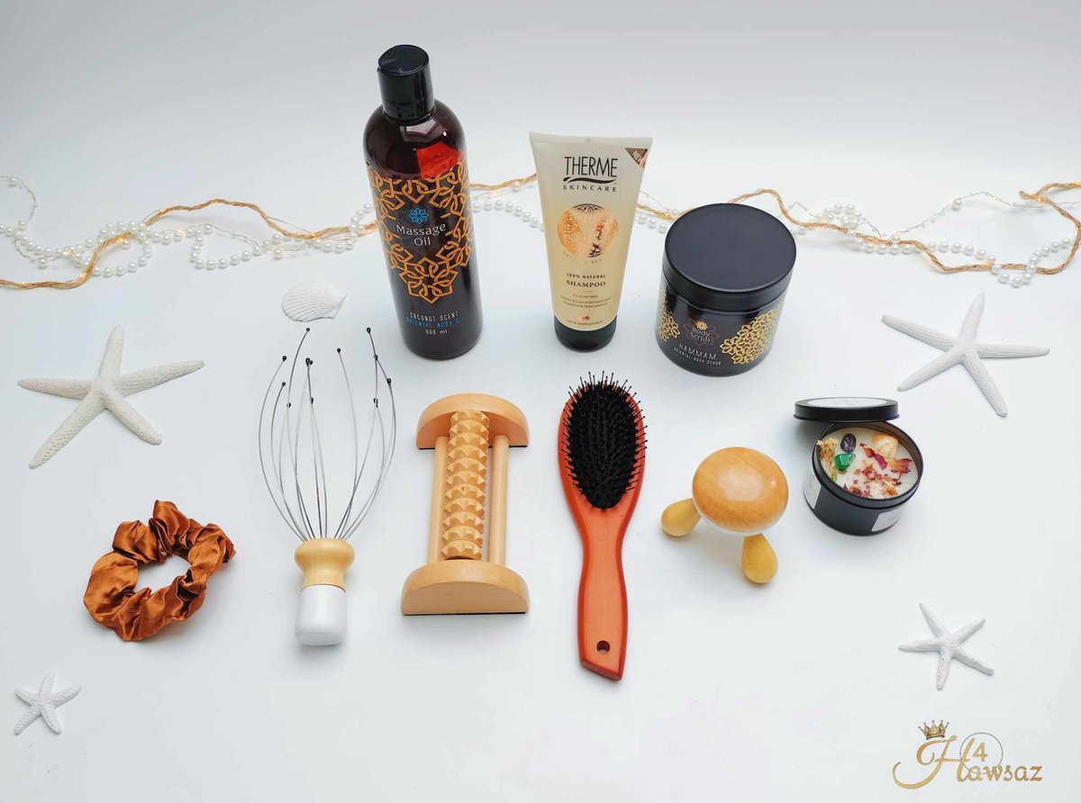 Dames Geschenkset - Bodycadeau 9 stuks - Luxe Cadeau - Hawsaz.nl cadeau - Giftsbox - Dames cadeau - Hammam Scrub - Massage olie - Verwenpakket - Valentijnscadeau - Kerstcadeau - Edelstenen geurkaars - Massage set - Verzorgingssets - Moederdag