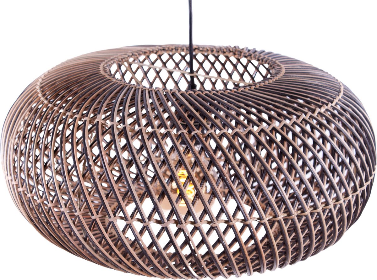 Rattan pendant lamp Stripes | 1-light | black / natural | rattan / metal | Ø 40 cm | height adjustable up to 140 cm | dining room / dining table / living room lamp | modern / rustic design
