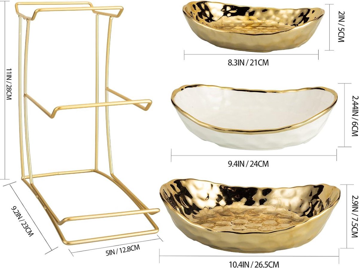 Ceramische fruitschalen met 3-laags metalen rek - fruitmand keramiek - ovale gelaagde keramische serveerschaalset - snoep, snack, noten, cake, dessert - feest, restaurant (goud)