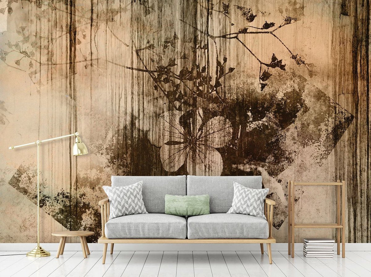 Fotobehang - Vliesbehang - Oude Vintage Muur met Bloemen - 312 x 219 cm