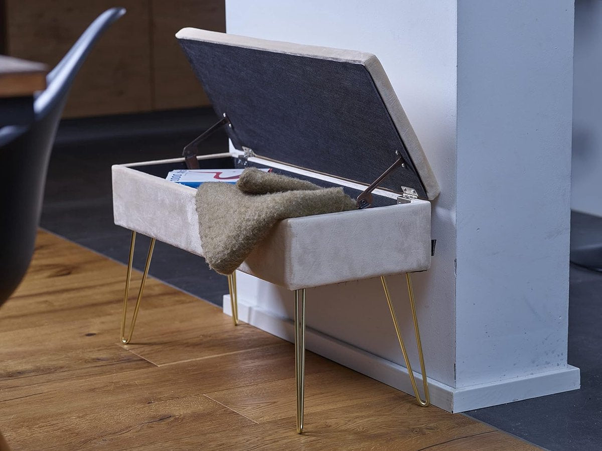 ECHTWERK Scarlett Zitbank, gestoffeerde bank met fluwelen bekleding, opbergkist rechthoekig, make-upbank met opbergruimte, opbergbank met metalen poten, 75 x 30 x 41,5 cm, polyestermix, crÃ¨me