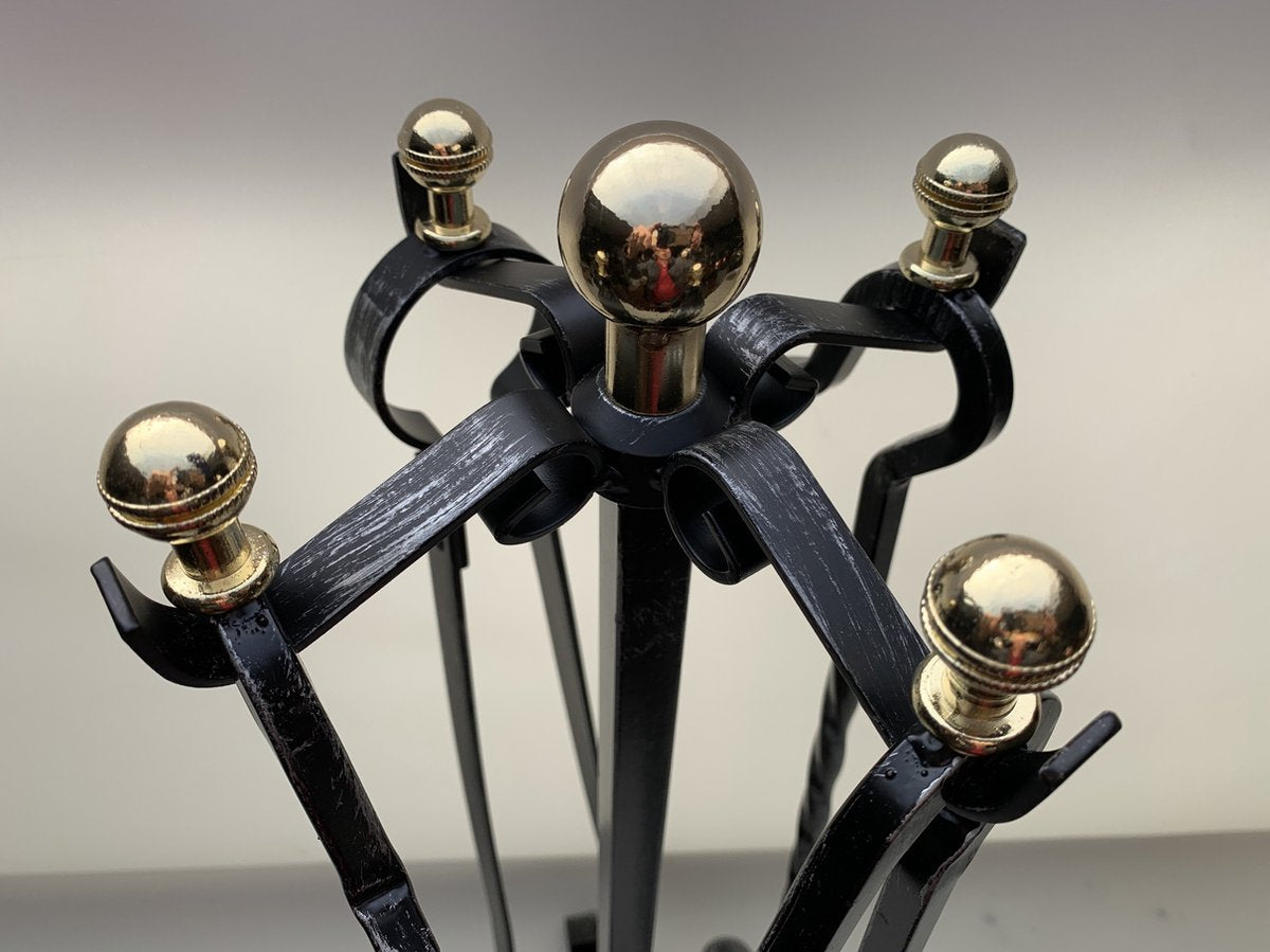 Fireside tools 4-piece - fireplace set - wrought iron - brass balls - black patinated