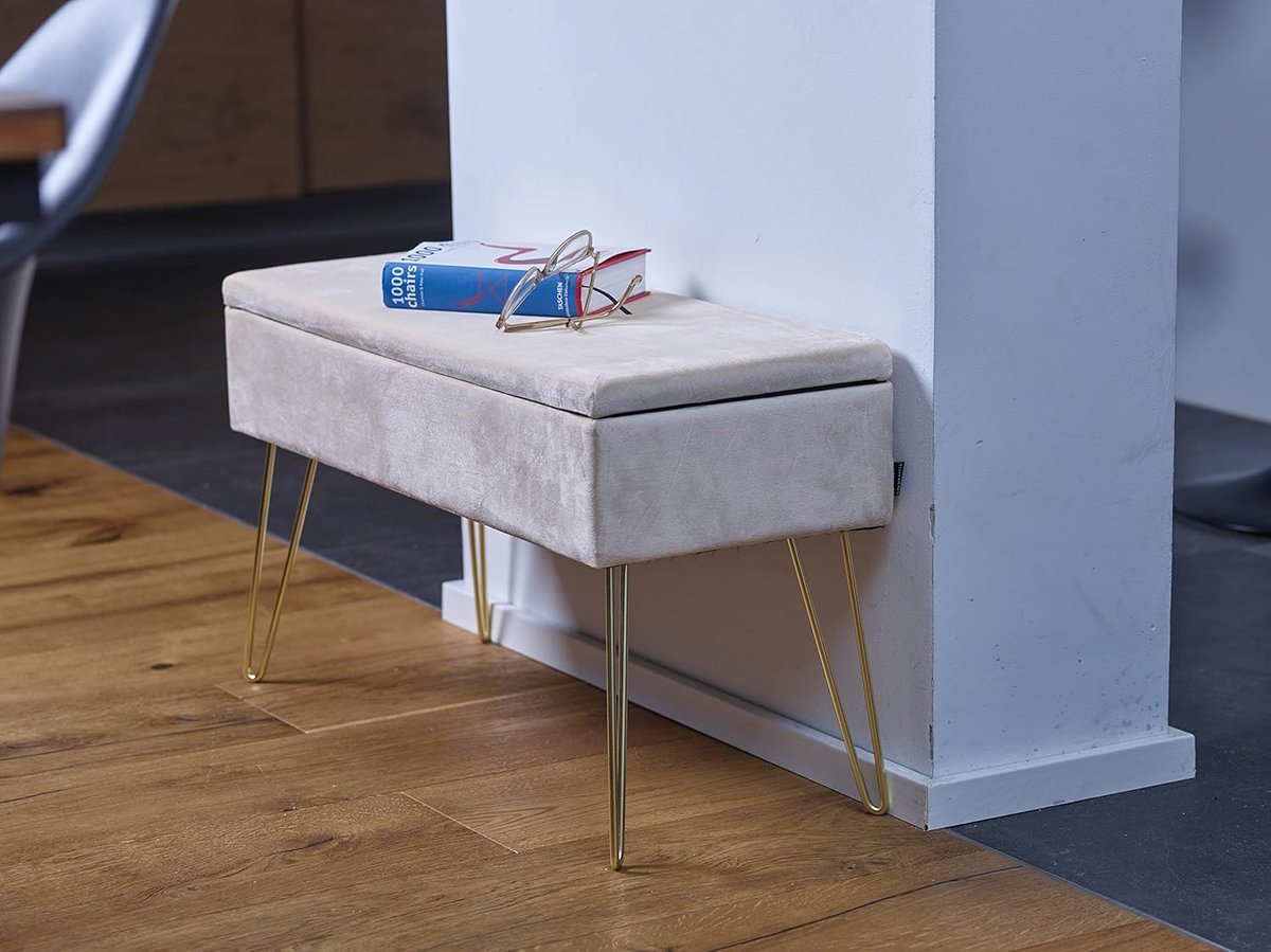 ECHTWERK Scarlett Zitbank, gestoffeerde bank met fluwelen bekleding, opbergkist rechthoekig, make-upbank met opbergruimte, opbergbank met metalen poten, 75 x 30 x 41,5 cm, polyestermix, crÃ¨me