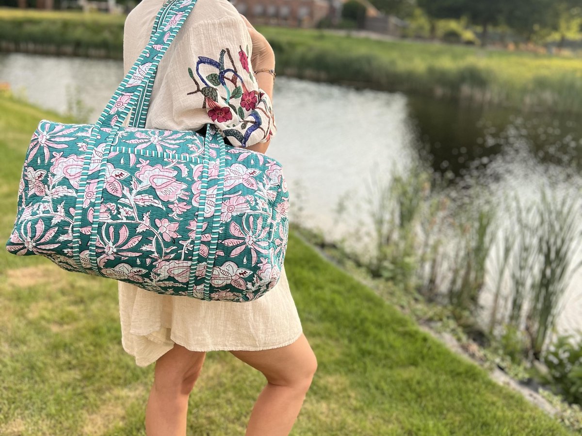 Weekendtas - Schoudertas - India - Luiertas - Groot - Dufflebag - Groen Roze bloemen