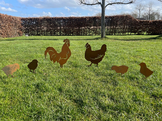 garden decoration, garden statues for outdoor, corten steel (rust), corten steel, garden stake, rooster with hen and 4 chicks, metal, steel