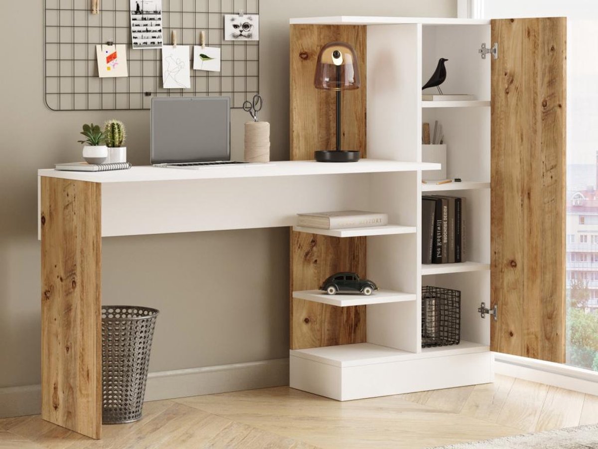 Bureau met Kast Combinatie - Stijlvol Eiken & Wit - Ruimtebesparend 152,3x120x40cm - Duurzaam Melamine