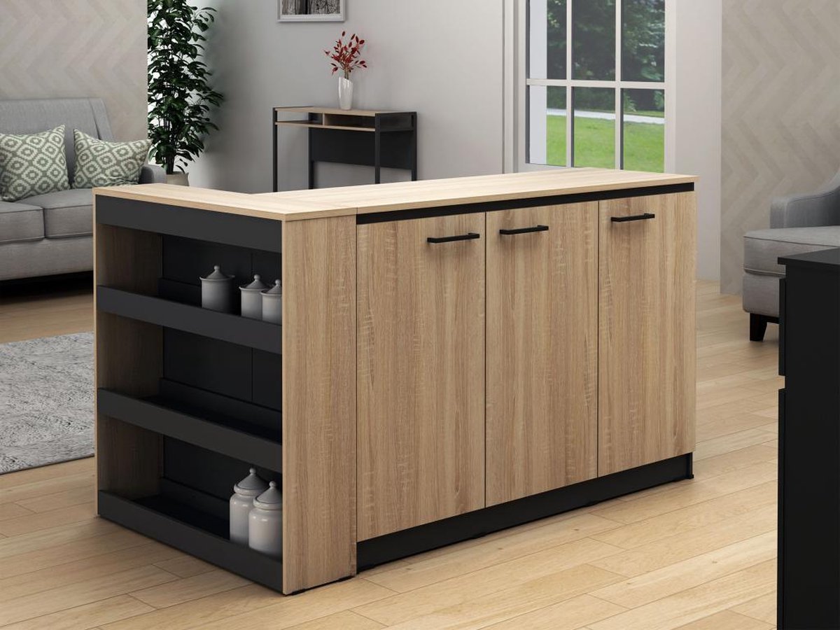 Vente-unique Keukeneilandset + 2 krukken - Zwart en licht naturel - NUSICE B 138,7 cm x H 82 cm x D 79,2 cm