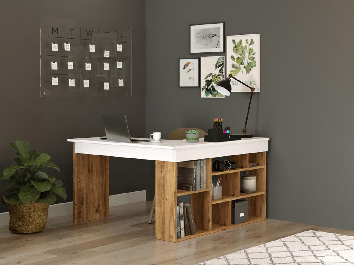 Hoekbureau met opbergruimte - Wit en naturel - LILEUL B 129 cm x H 72 cm x D 120 cm